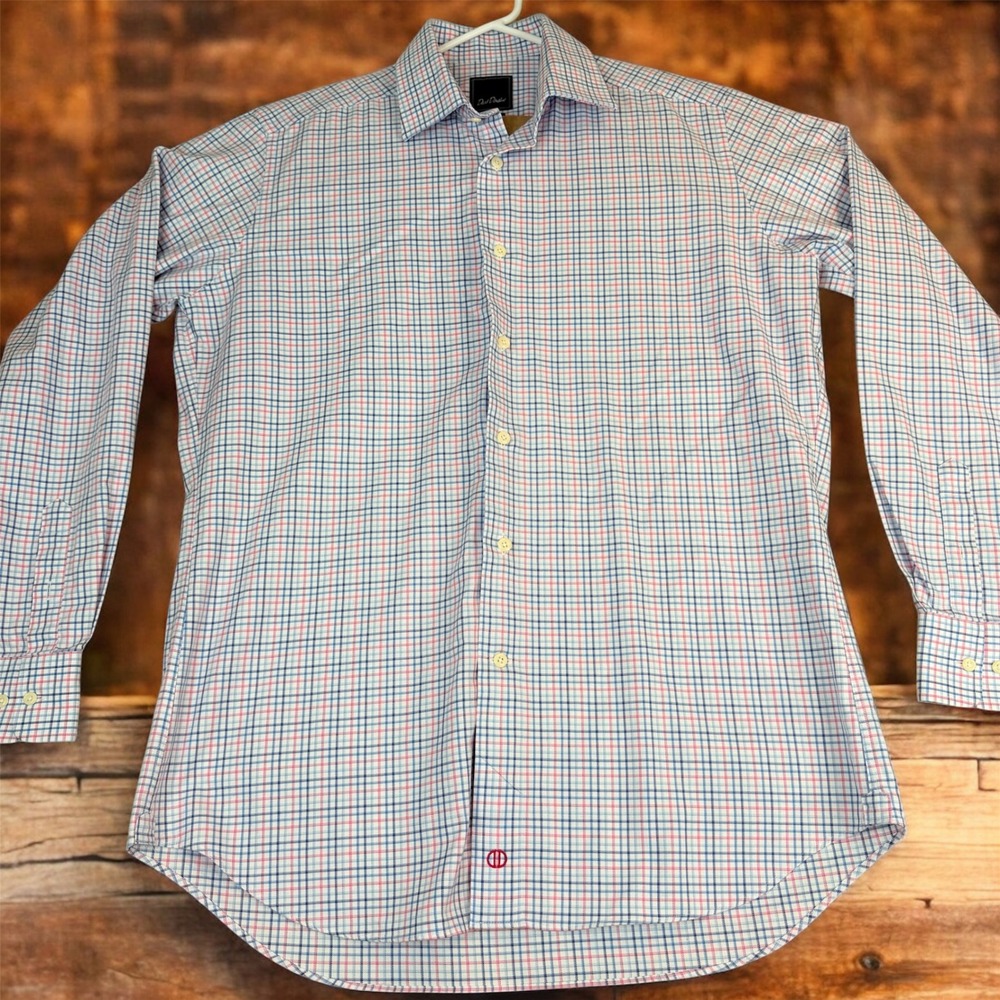 David Donahue Mens Dress Shirt 16 1/2‎ 34/35 Blue Pink Plaid Cotton Trim Fit